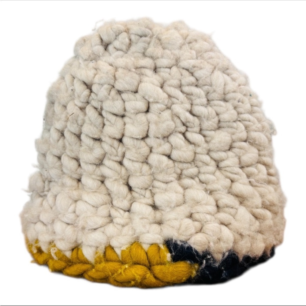 Mischa Lampert Wool Handcrafted Beanie — White & Yellow Chunky Knit Slouchy, OS
